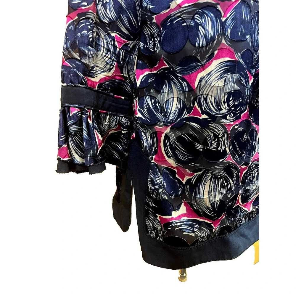 Tory Burch‎ Silk Blend Tunic Top Navy + Orchid Circle Print Keyhole Neck SZ S